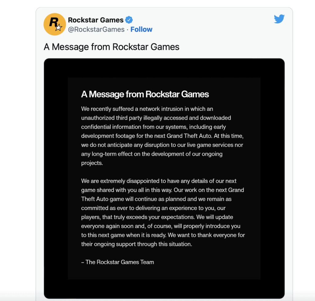 Rockstar Games statement about the breach